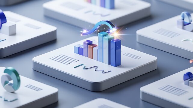 Abstract futuristic digital data visualization with glowing geometric shapes and bars on a grid surface