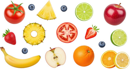 A vibrant collection of fresh fruits including apples bananas strawberries blueberries oranges lemons limes pineapples and tomatoes isolated on black isolate