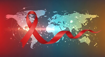 World aids day concept with red ribbon on world map background to raise awareness and show support for people living with hiv global health campaign