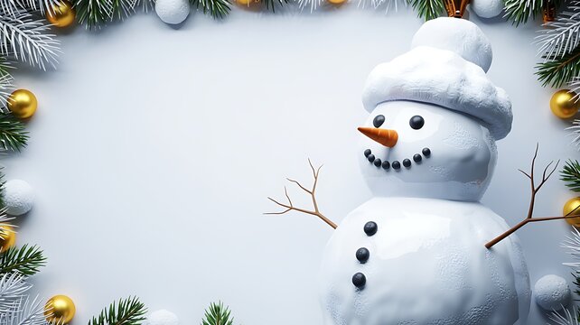Charming snowman with carrot nose and festive christmas garland border with ornaments and pine branches