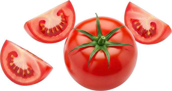 A whole ripe red tomato with three wedge shaped slices revealing the juicy interior and seeds isolate cut food transparent background fresh vegetable ingredient - Powered by Adobe