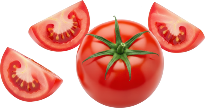 A whole ripe red tomato with three wedge shaped slices revealing the juicy interior and seeds isolate cut food transparent background fresh vegetable ingredient