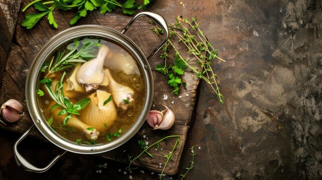 A pot of chicken broth with drumsticks, herbs, and garlic on a wooden surface. Fresh parsley and thyme surround the pot, creating a rustic kitchen scene.