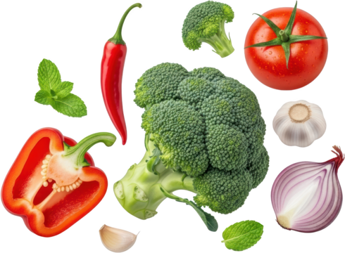 Assortment of fresh vegetables including a large broccoli head red bell pepper half tomato red chili pepper red onion garlic bulb garlic clove and mint leaves isolate