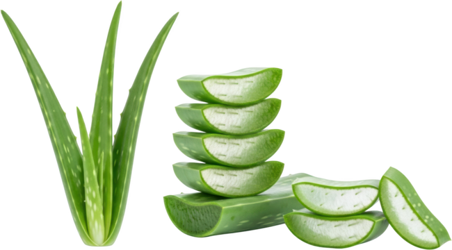 A vibrant green aloe vera plant and sliced pieces with a stacked pile of cross sections and scattered slices isolate succulent healthy herb leaf fresh