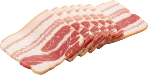 Raw pork belly slices with streaks of fat and lean red meat arranged in a row on a white surface isolate Bacon Protein Food Ingredient Cuisine Uncooked