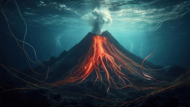 Underwater volcano erupting, lava flows, vibrant colors, ethereal, aquatic - Powered by Adobe