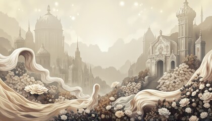 Fantasy Landscape with Roses and Ancient Architecture Illustration