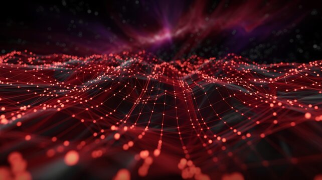 Abstract digital landscape of glowing red particles and nebulae in deep space creating a vibrant cosmic energy field