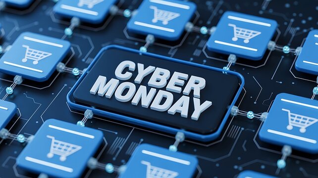 Close up of a keyboard with a prominent cyber monday button surrounded by shopping cart icons signifying online shopping and e commerce