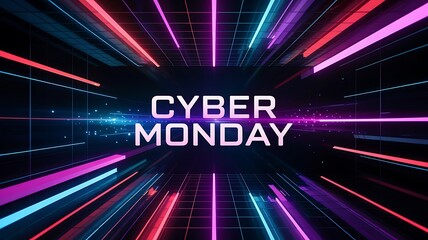 Cyber monday sale promotion with neon light streaks and futuristic tunnel effect for online shopping deals