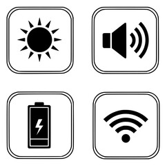 Vecter icons for basic user interface glyphs for mobile app design brightness,volume,battery,and wifi symbols in black and white
