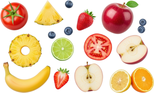 Assortment of fresh fruits and a sliced tomato including apples banana blueberries strawberries lime lemon orange and pineapple pieces isolate strawberry