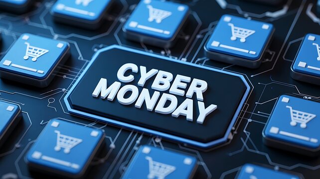 Close up of a glowing blue cyber monday button surrounded by shopping cart icons on a circuit board background