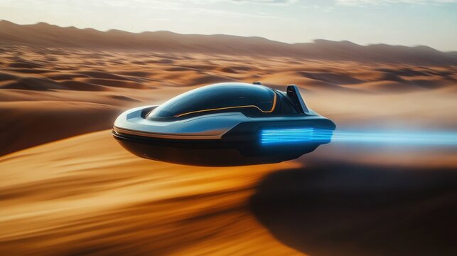 Futuristic vehicle flying above desert landscape - Powered by Adobe