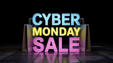 Bright neon cyber monday sale text illuminated in a dark setting with a reflective surface
