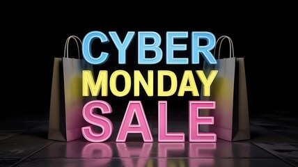 Vibrant neon cyber monday sale signage illuminated with shopping bags in dark background reflecting on surface