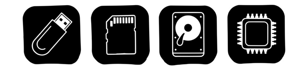 Vecter icons for storage devices and computer components: usb drive, memory card, hdd, cpu concept design elements