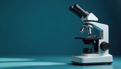Modern microscope on blue backdrop for science research or medical diagnostics. This lab equipment aids in detailed observation and discovery.