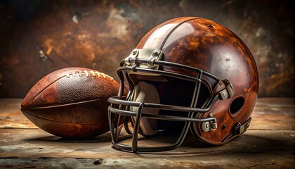 Vintage Football Gear - Helmet and Ball on Wooden Surface.
