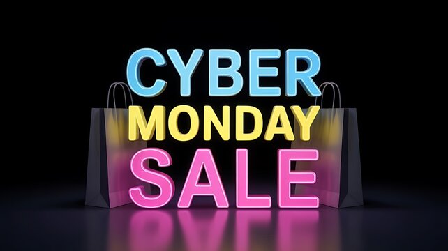 Bright neon cyber monday sale text illuminated against a dark background with reflective surface