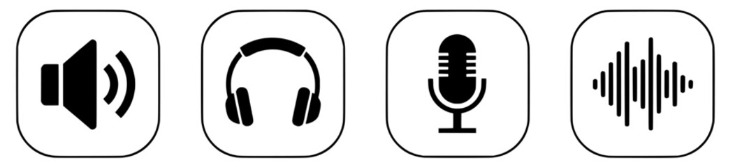 Vecter icons for audio equipment and sound waves for music production and podcasting design elements for media apps