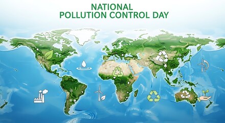 World map showing green initiatives for national pollution control day, promoting environmental awareness and sustainable practices for a cleaner planet