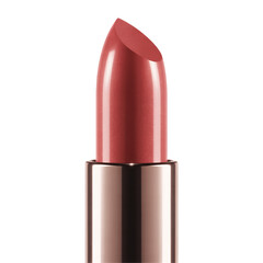 A shimmering rose gold lipstick with a glossy finish and angled tip, isolated on a white background isolated on a transparent background