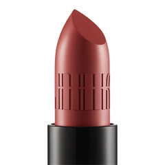 A single terracotta colored lipstick with embossed lettering on its casing, isolated on a white background isolated on a transparent background
