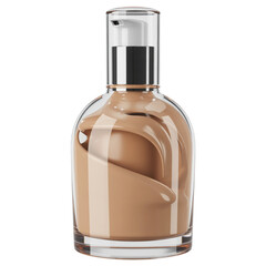 Clear Glass Bottle of Liquid Foundation with Pump Dispenser and Swirling Beige Product makeup cosmetic isolated on a transparent background
