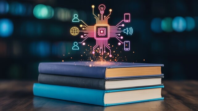 Glowing digital network of icons emanating from a central chip above a stack of three books symbolizing knowledge and technology