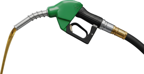 Green fuel nozzle dispensing golden liquid fuel with metal hose and brass connector isolate gas gasoline petrol energy pump fueling car vehicle service