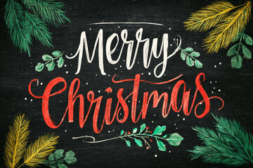 Colorful Merry Christmas text surrounded by playful winter motifs symbolizes holiday cheer. This retro design captures the essence of Christmas from the 50s and 60s