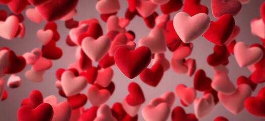 A cascade of soft fabric hearts in various shades of red and pink hangs suspended against a blurred background for a romantic celebration