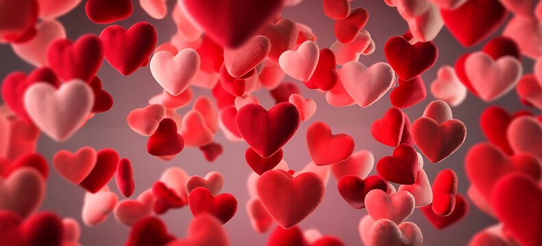 A multitude of soft plush red and pink heart shapes suspended and floating in a romantic dreamy and abstract background
