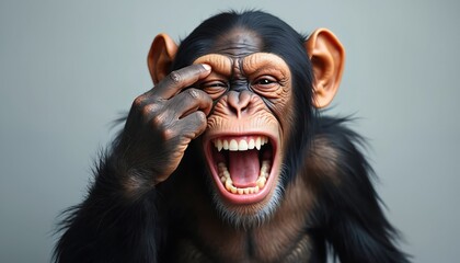 Expressive chimpanzee shouts with wide open mouth. Funny primate makes comical face, touching forehead with one hand. Emotional monkey shows teeth screaming laughing on isolated background.
