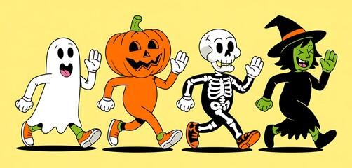 Four cartoon characters in halloween costumes including a ghost jack o lantern skeleton and witch walking together on a yellow background