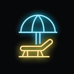 Neon sign illuminating a beach umbrella covering a lounge chair