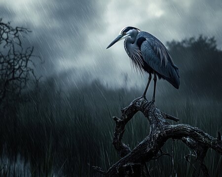 Heron perched on branch against misty background