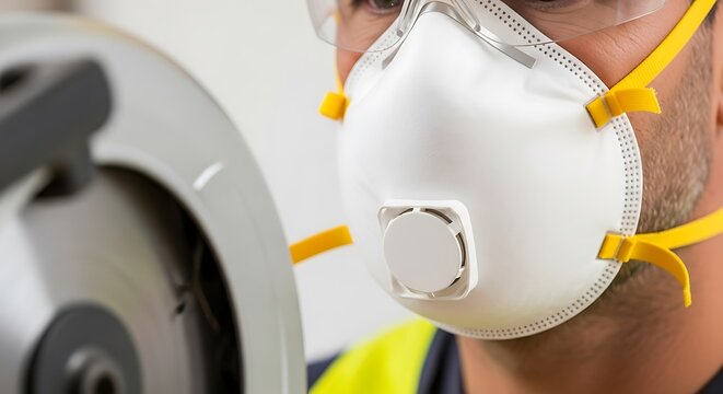 Worker wearing respirator mask and safety glasses operating power tool