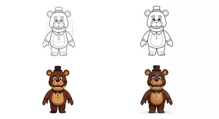 Fototapeta premium Four images show a cartoon bear character in different stages of completion, from outline to fully colored.