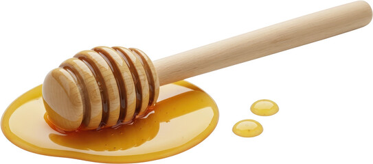 Wooden Honey Dipper With Viscous Amber Honey Pooled And Dripped Isolated Transparent Background Isolate Wooden Dipper Dripping Liquid Sweet Natural Food Ingredient