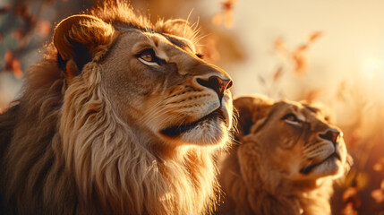 two lions in the golden evening sun, majestic lions at sunset, lion duo in warm twilight light