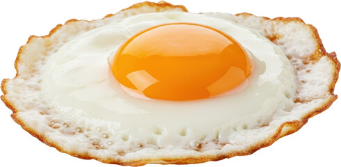 A single fried egg with a bright orange yolk and crispy white edges isolated with breakfast food transparent background cooking protein nutrition healthy