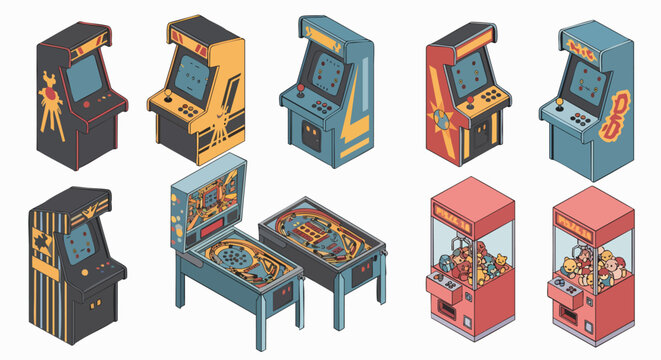 Retro arcade game machines pinball claw game collection isometric vector illustration flat design vintage gaming entertainment 80s 90s classic fun