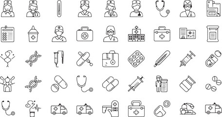 Medical Icon Set Collection Vector Illustration in Doodle Line Style