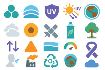 Ozone Layer Protection Icons Set with UV, Emissions, and Earth Symbols
