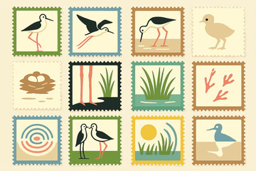 Stilt Bird Icon Set with Nature and Stamp Design