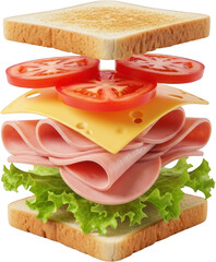 Toasted bread slices layered with fresh lettuce sliced ham yellow cheese and ripe tomato slices isolate sandwich food ingredients meal snack delicious