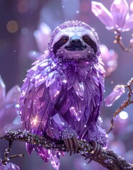 Fototapeta premium A whimsical sloth adorned with sparkling purple crystals sits on a branch, surrounded by vibrant floral elements, creating a magical atmosphere.